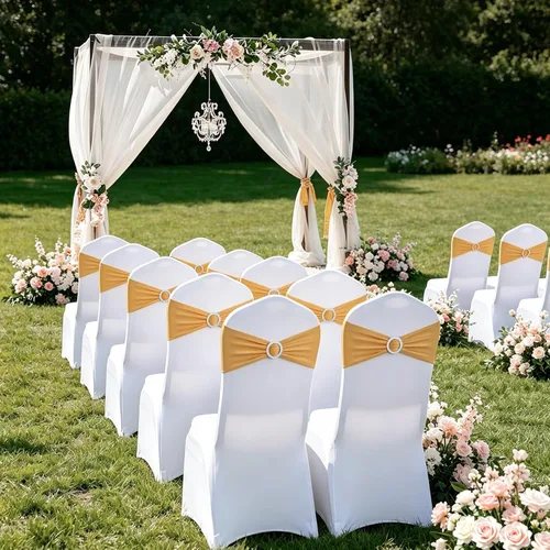 Miniatura 7 de LEBENGURU Bandas para silla de elastano doradas, 30 lazos elásticos de alta calidad con deslizadores para decoración de banquete de boda, fiesta