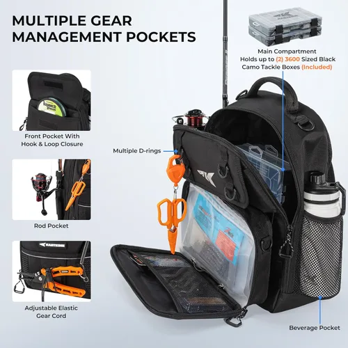 Miniatura 3 de KastKing Bolsa de Pesca con Eslinga BaitSpace, Mochila de Pesca con Soporte para Caña y Bebidas, Bolsa de Aparejos para Equipo de Pesca H: Negro