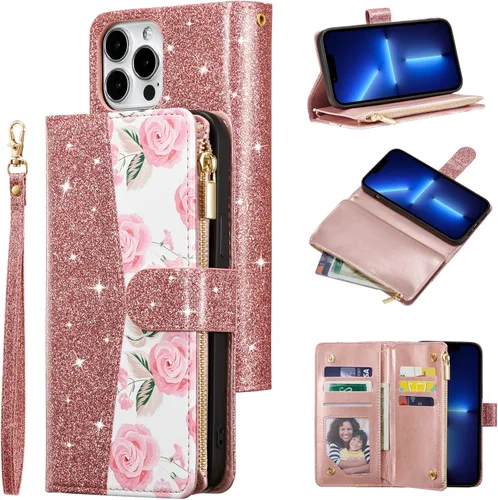 UEEBAI Funda tipo cartera para iPhone 13 Pro Max, funda de piel sintética con cierre magnético, bolsillo con cremallera, ranuras para tarjetas con