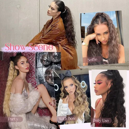Miniatura 5 de HOOJIH Extensión de cola de caballo, extensiones de cabello con cordón para cola de caballo de 26 pulgadas de largo, pelo rizado y ondulado natural