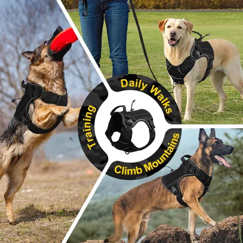 Miniatura 5 de WINGOIN Arnés táctico negro para perros grandes, arnés resistente sin tirones con asa, ajustable, reflectante, militar, K9, pastor alemán, chaleco
