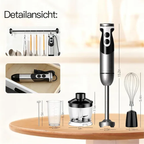Miniatura 6 de MegaWise Blender - Batidora de mano eléctrica de acero inoxidable de 12 velocidades, batidora de mano de inmersión 5 en 1, batidora de mano