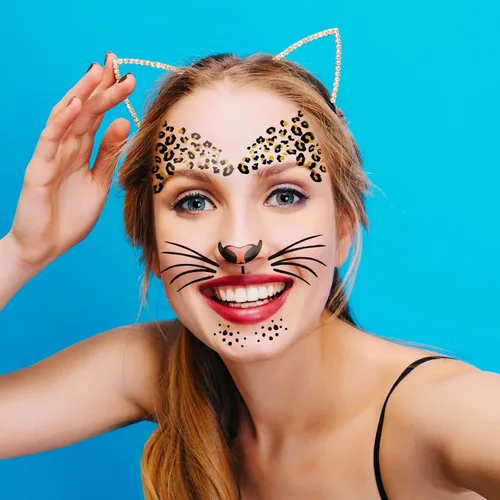 Miniatura 4 de Paquete de 6 tatuajes temporales de cara de leopardo feroz, kit de rayas realistas para nariz, bigotes y frente para Halloween, fiestas de disfraces