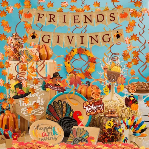Miniatura 7 de Famoby Friendgiving - Cartel de arpillera de papel triangular de hoja de arce, guirnalda de plástico para decoración de fiesta del día de Acción