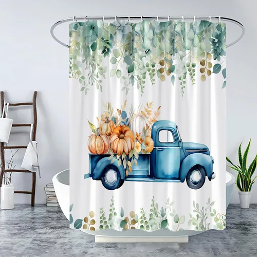 Miniatura 3 de Cortina de ducha con diseño de calabaza, camión, otoño, cosecha, granja, rústico, acuarela, hojas, floral, juego de cortina de baño con gancho