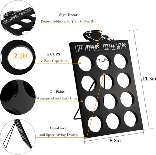 Miniatura 4 de Organizador de 12 cápsulas K para tazas, soporte de almacenamiento de cápsulas de café de madera compacta negra, organizador de Kcup para el hogar