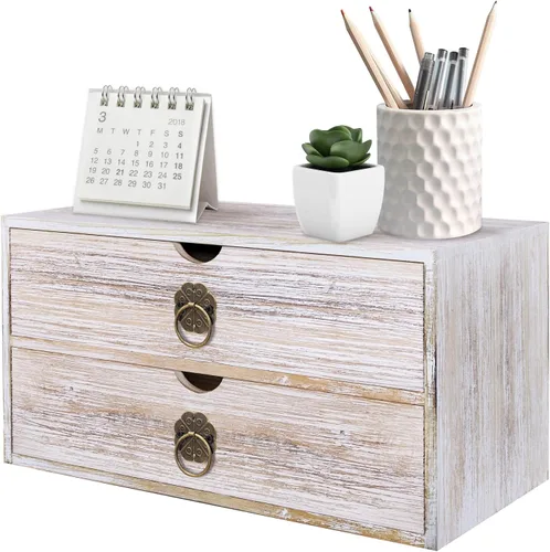 Organizador de escritorio de madera SeekElegant, organizador de escritorio vintage marrón con cajón, caja de organización de almacenamiento en mesa