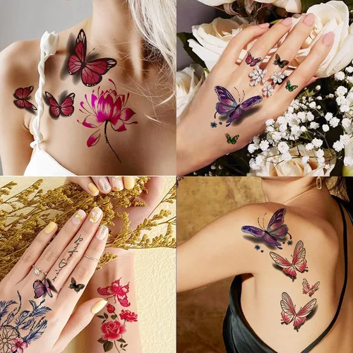 Miniatura 3 de 60 hojas de tatuajes temporales de flores 3D de mariposas para mujeres y niñas, calcomanías de tatuaje de rosas coloridas, impermeables