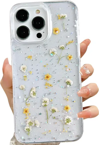 Miniatura 21 de LSEEKA Funda transparente para iPhone 13 Mini/iPhone 12 Mini con diseño de flores reales prensadas, con purpurina, bonito patrón floral blanco, Oro
