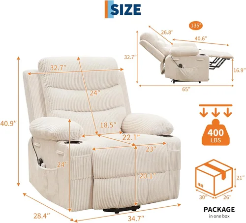 Miniatura 2 de Silla reclinable eléctrica para personas mayores con masaje y calor, reclinables eléctricos de gran tamaño, asiento de cine en casa con 2 portavasos