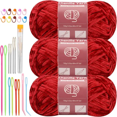 Miniatura 23 de LUNARM Hilado de chenilla para tejer y hacer ganchillo, 3 madejas de 240 metros de hilo grueso, suave y voluminoso, para tejer mantas, ropa y Beige