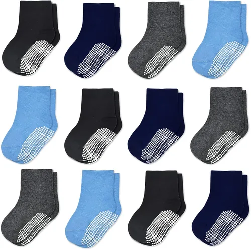 Calcetines antideslizantes para niños calcetines de corte medio para niños pequeños y niñas 0-7 años 12 pares de calcetines antideslizantes para