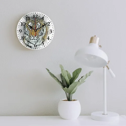 Miniatura 6 de Reloj de pared de madera de 12 pulgadas, reloj de pared de tigre majestuoso, movimiento de cuarzo, rayas de números arábigos, animales, vida Patrón 8