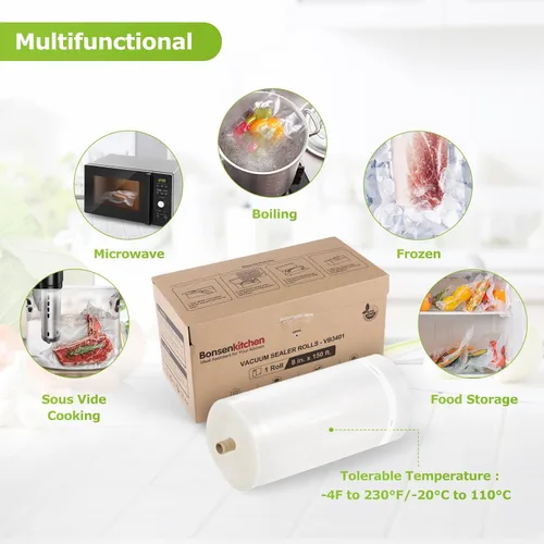 Miniatura 6 de Bolsas de sellado al vacío Bonsenkitchen de 8" x 45,72 m con cortador para almacenamiento de alimentos, grado comercial, libres de BPA, ideales