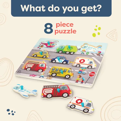 Miniatura 5 de B. toys – Peek & Explore – Vehículos – Rompecabezas de clavija de madera para niños pequeños, niños – 8 piezas – Camión de bomberos, avión, taxi