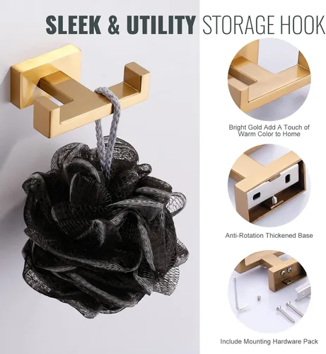 Miniatura 2 de Gancho doble para toallas de baño para montar en la pared, soporte moderno dorado para toallas, ganchos resistentes para bata de pared, colgador