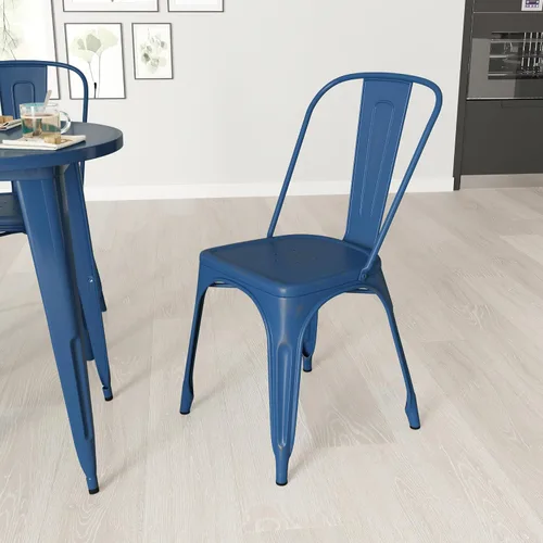 Merrick Lane Banks - Silla apilable de comedor, marco de metal azul antiguo, acabado con recubrimiento en polvo envejecido, respaldo de listones