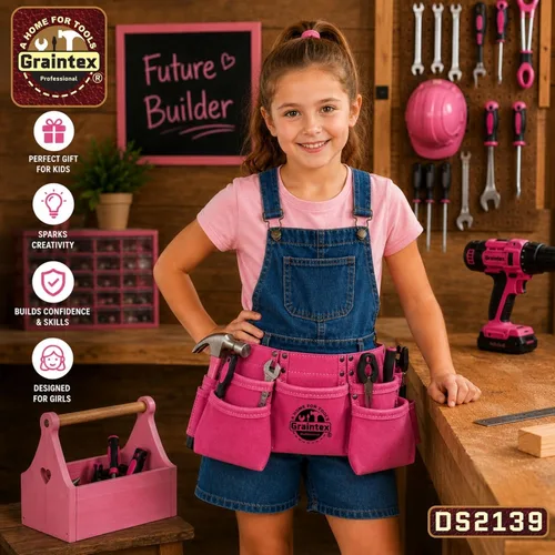 Miniatura 7 de Graintex DS2139: Cinturón portaherramientas de 9 bolsillos para niños en color rosa, cuero de ante, cinturón real para niños, delantal