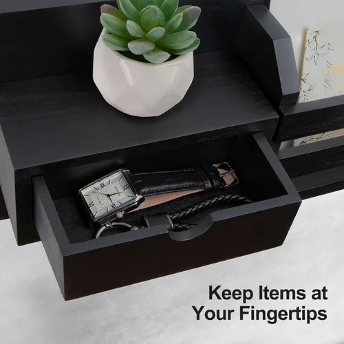 Miniatura 5 de Lwenki Organizador de llaves y correo de pared con cajón de almacenamiento, 100% madera de Paulownia, 7 ganchos de metal, decoración del hogar