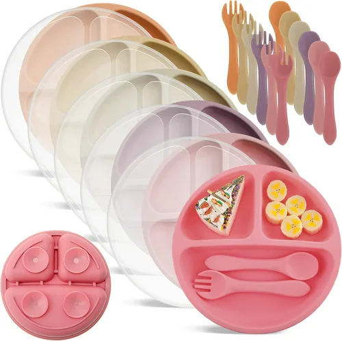 Miniatura 7 de Meanplan Paquete de 6 placas de succión para niños pequeños con tapas, juego de platos de silicona de grado alimenticio, diseño dividido, apto
