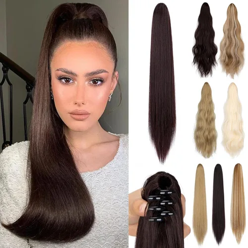 Miniatura 7 de Extensión de cola de caballo de 22 pulgadas y 24 pulgadas de largo, ondulado y lacio, extensiones de cabello sintético de aspecto natural