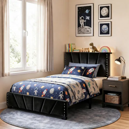 Miniatura 17 de EnHomee Base de cama de plataforma individual con cabecera ajustable tapizada de terciopelo, luces LED y estación de carga para dormitorio, Beige