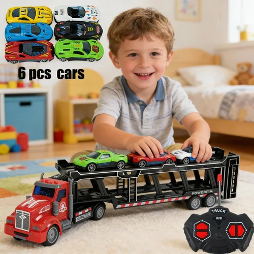 Miniatura 3 de Camión transportador de automóviles a control remoto incluye 6 coches, 14 pulgadas 1:48 de juguete transportador de automóviles semirremolque