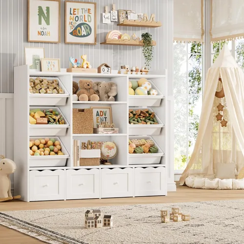 Miniatura 10 de HITHOS Organizador de almacenamiento de juguetes para niños de 55 pulgadas de ancho, caja de juguetes grande con estantería, baúl de juguetes