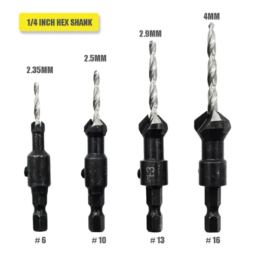 Miniatura 2 de Juego de brocas avellanadas con vástago hexagonal de 1/4, HSS4241#6/10/13/16 con llave hexagonal para carpintería, accesorios de herramientas