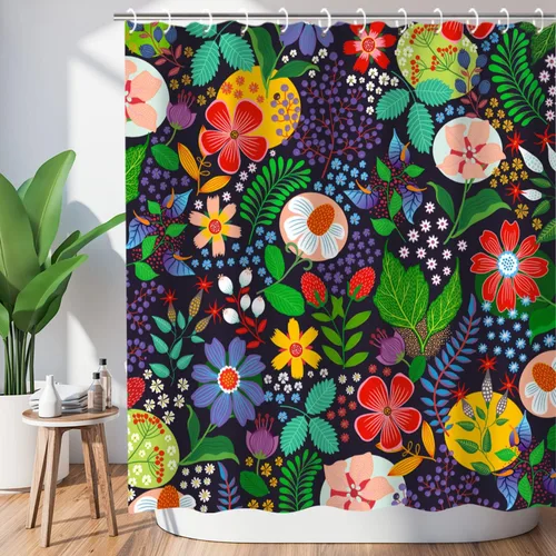LIVILAN Cortina de ducha floral - Negro bohemio, oscuro, estilo bohemio único para baño con 12 ganchos, 72 x 72 pulgadas Flor oscura