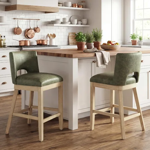 Miniatura 8 de Chairus Juego de 2 taburetes de bar de 26" sin brazos, acolchados con respaldo de madera y patas, taburetes tapizados en tela de lino para encimera