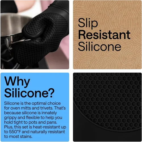 Miniatura 3 de GORILLA GRIP Juego de 4 manoplas de horno de silicona suave sin BPA y soportes para ollas, resistentes al calor, forro de algodón grueso, agarre