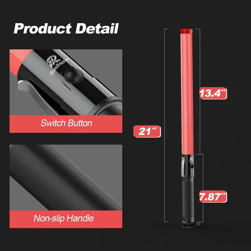 Miniatura 7 de RoadHero Paquete de 6 varitas de tráfico, bastón de control de tráfico LED de 21 pulgadas, varitas de luz de seguridad con 2 modos de parpadeo, Rojo