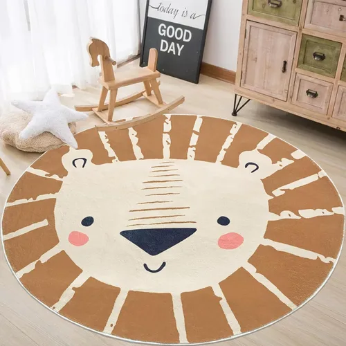Miniatura 12 de ABREEZE Alfombra redonda de león de 2.6 pies, alfombra de juegos para niños, alfombra de juegos para niños, lavable, antideslizante, con temática