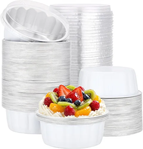 Miniatura 60 de Beasea Ramequines con tapas, 8oz 50 unidades de tazas de aluminio desechables para hornear, tazas de papel de aluminio plateado para creme brulee