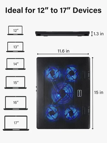 Miniatura 7 de Kootek Almohadilla de enfriamiento para computadora portátil de 12 pulgadas -17 pulgadas - Almohadilla para enfriamiento de 5 ventiladores Azul