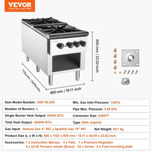 Miniatura 7 de VEVOR Estufa de Gas Comercial con 2 Quemadores, Estufa de Cocina de Encimera de Propano y Gas Natural, Placa Caliente de Gas de Acero Inoxidable