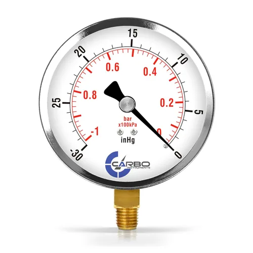 Manómetro de vacío seco de 0 a -30 inHg, dial de 4", montaje inferior de 1/4 NPT, caja de acero cromado, piezas humedecidas de latón, doble escala