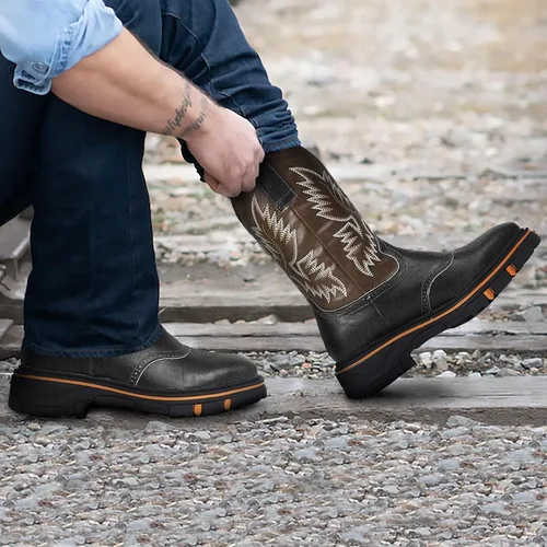 Miniatura 3 de RIBETRINI Botas vaqueras bordadas para hombre, botas vaqueras duraderas con punta cuadrada, tacón grueso, plataforma de piel sintética, botas