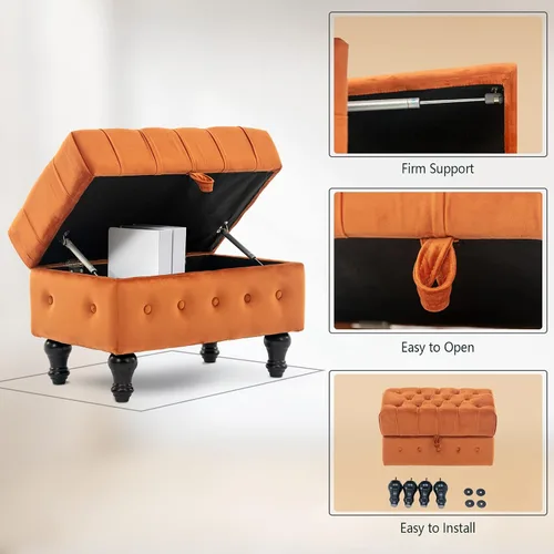 Miniatura 8 de Mesa de Centro Otomana de Almacenamiento Rectangular, Reposapiés Otomana de Dormitorio con Tapicería de Terciopelo Abotonado Capitoné para Sala