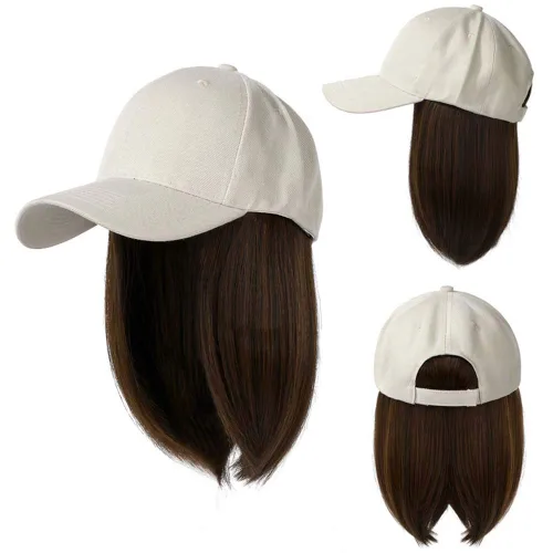 Miniatura 2 de YEKEYI Gorra de béisbol con extensiones de cabello, peluca sintética para mujer, gorra de béisbol ajustable (beige negro)