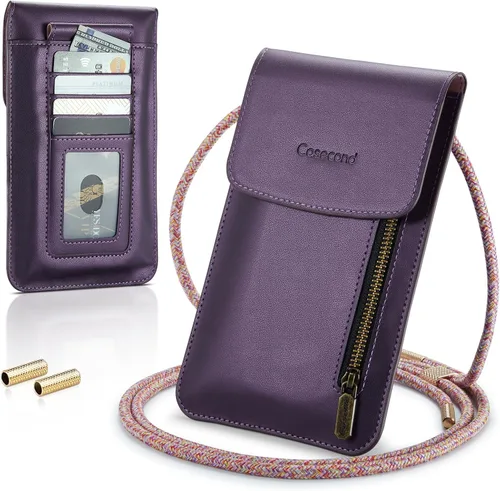 Miniatura 7 de Bolso cruzado pequeño para teléfono celular para mujeres y hombres, mini bolso de hombro de cuero con tarjetero y ranura para collar, cordón