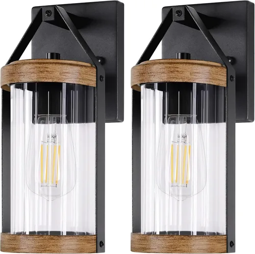 Paquete de 2 lámparas para exteriores, impermeables, modernas, faroles de pared exterior, luces de porche, aplique de pared negro con vidrio