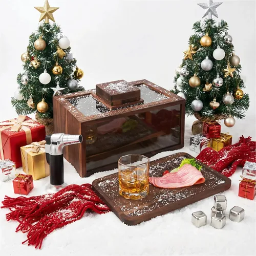 Kit de ahumador de cóctel – Kit de ahumador de whisky con pistola de ahumar: caja de humo de cóctel de nogal negro, bandeja de alimentos y chips de