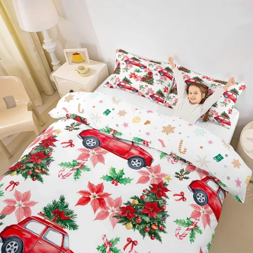 Miniatura 3 de Erosebridal Juego de funda de edredón de flores de pascua, diseño de árbol de Navidad verde, tamaño individual, colorido con luces de Navidad, juego