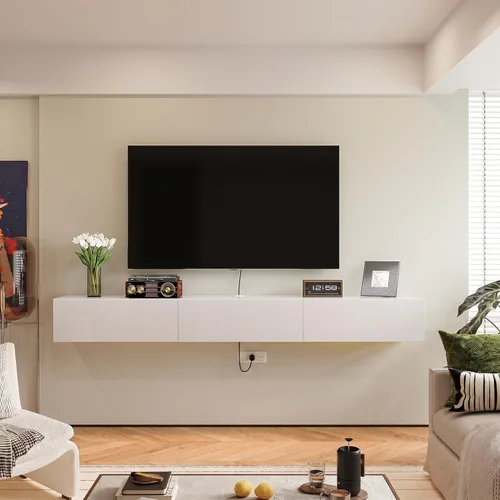 Miniatura 10 de FurniNova Soporte flotante para TV con 3 puertas, moderno mueble flotante para consola de TV con almacenamiento, estante flotante de madera Negro