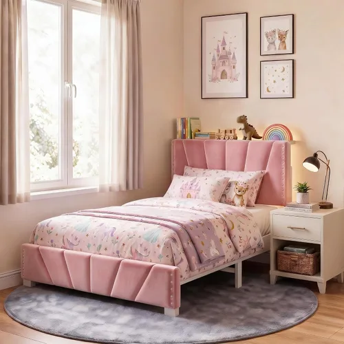 Miniatura 12 de EnHomee Base de cama de plataforma individual con cabecera ajustable tapizada de terciopelo, luces LED y estación de carga para dormitorio, Beige