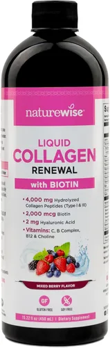 NatureWise Colágeno líquido hidrolizado para mujeres y hombres, 4000 mg, péptidos de colágeno múltiple + biotina + vitamina C + complejo de vitamina