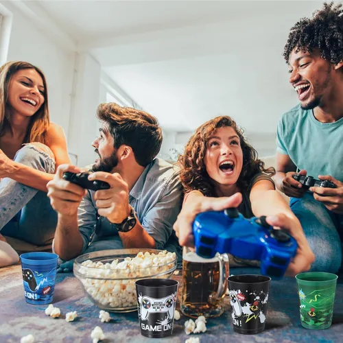 Miniatura 6 de Tanlade Juego de 50 tazas temáticas de videojuegos de 16 onzas, vasos de plástico reutilizables para fiestas de video populares, decoraciones