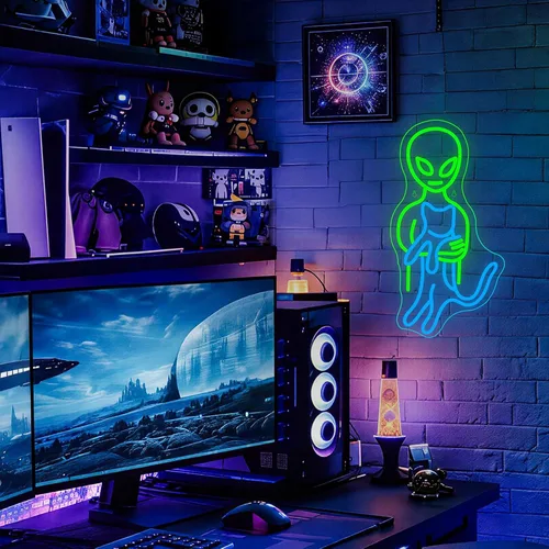 Miniatura 2 de Ineonlife Letreros de neón de alienígena verde, divertidos letreros de neón de gato alienígena para cueva de hombres, luz LED, decoración de arte
